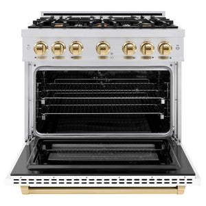 ZLINE - Autograph Edition 36 in. 5.2 cu. ft. Select Dual Fuel Range with 6 Burner Gas Cooktop and Electric Convection Oven in Stainless Steel with White Matte Door and Polished Gold Accents