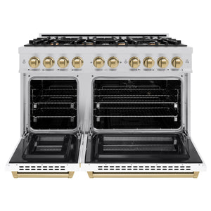 ZLINE - Autograph Edition 48 in. 6.7 cu. ft. Select Double Oven Dual Fuel Range with 8 Burner Gas Cooktop in Stainless Steel with White Matte Doors and Champagne Bronze Accents