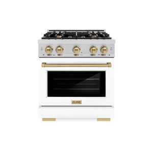 ZLINE - Autograph Edition 30 in. 4.2 cu. ft. Select Gas Range with 4 Burner Cooktop and Convection Gas Oven in Stainless Steel with White Matte Door and Champagne Bronze Accents