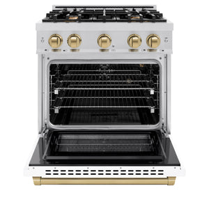 ZLINE - Autograph Edition 30 in. 4.2 cu. ft. Select Gas Range with 4 Burner Cooktop and Convection Gas Oven in Stainless Steel with White Matte Door and Champagne Bronze Accents