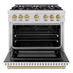 ZLINE - Autograph Edition 36 in. 5.2 cu. ft. Select Gas Range with 6 Burner Cooktop and Convection Gas Oven in Stainless Steel with White Matte Door and Champagne Bronze Accents