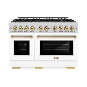 ZLINE - Autograph Edition 48 in. 6.7 cu. ft. Select Double Oven Gas Range with 8 Burner Cooktop in Stainless Steel with White Matte Doors and Champagne Bronze Accents
