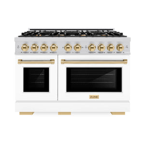 ZLINE - Autograph Edition 48 in. 6.7 cu. ft. Select Double Oven Gas Range with 8 Burner Cooktop in Stainless Steel with White Matte Doors and Polished Gold Accents