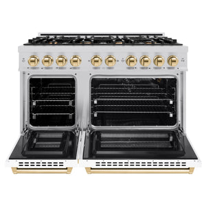 ZLINE - Autograph Edition 48 in. 6.7 cu. ft. Select Double Oven Gas Range with 8 Burner Cooktop in Stainless Steel with White Matte Doors and Polished Gold Accents