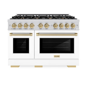 ZLINE - Autograph Edition 48 in. 6.7 cu. ft. Select Double Oven Gas Range with 8 Burner Cooktop in Stainless Steel with White Matte Doors and Champagne Bronze Accents