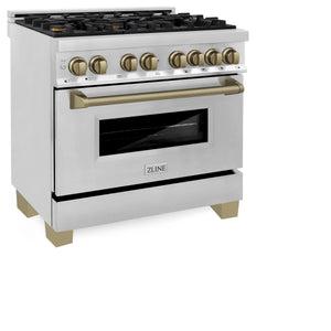 ZLINE - Autograph Edition 36 in. 4.6 cu. ft. Legacy Dual Fuel Range with 6 Burner Gas Cooktop and Electric Convection Oven in Stainless Steel and Champagne Bronze Accents