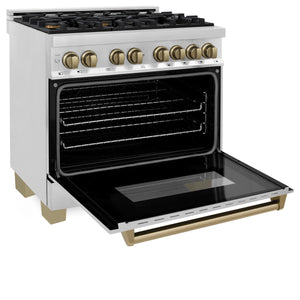 ZLINE - Autograph Edition 36 in. 4.6 cu. ft. Legacy Dual Fuel Range with 6 Burner Gas Cooktop and Electric Convection Oven in Stainless Steel and Champagne Bronze Accents