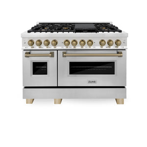 ZLINE - Autograph Edition 48 in. 6.0 cu. ft. Legacy Dual Fuel Range with 7 Burner Gas Cooktop and 2 Electric Ovens in Stainless Steel and Champagne Bronze Accents