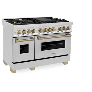 ZLINE - Autograph Edition 48 in. 6.0 cu. ft. Legacy Dual Fuel Range with 7 Burner Gas Cooktop and 2 Electric Ovens in Stainless Steel and Champagne Bronze Accents