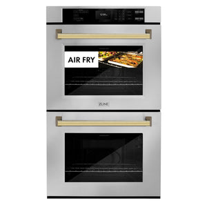 ZLINE - 30 in. Autograph Edition Professional True Convection Double Wall Oven with Air Fry and Self Clean in Stainless Steel with Polished Gold Handles