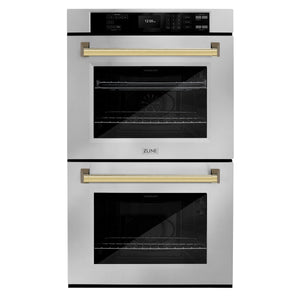 ZLINE - 30 in. Autograph Edition Professional True Convection Double Wall Oven with Air Fry and Self Clean in Stainless Steel with Polished Gold Handles