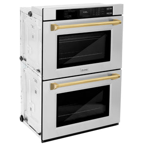ZLINE - 30 in. Autograph Edition Professional True Convection Double Wall Oven with Air Fry and Self Clean in Stainless Steel with Polished Gold Handles
