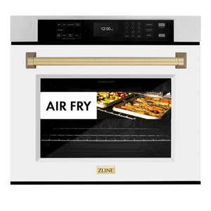 ZLINE - 30 in. Autograph Edition Professional True Convection Single Wall Oven with Air Fry and Self Clean in Stainless Steel with White Matte Door and Champagne Bronze Handle