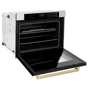 ZLINE - 30 in. Autograph Edition Professional True Convection Single Wall Oven with Air Fry and Self Clean in Stainless Steel with White Matte Door and Champagne Bronze Handle