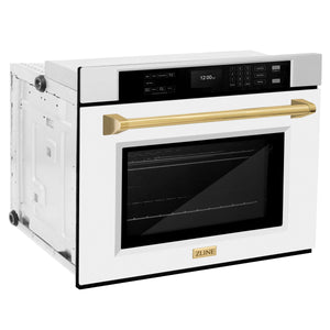 ZLINE - 30 in. Autograph Edition Professional True Convection Single Wall Oven with Air Fry and Self Clean in Stainless Steel with White Matte Door and Polished Gold Handle