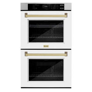 ZLINE - 30 in. Autograph Edition Professional True Convection Double Wall Oven with Air Fry and Self Clean in Stainless Steel with White Matte Doors and Champagne Bronze Handles