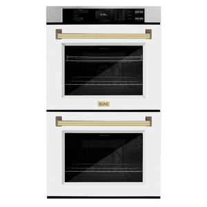 ZLINE - 30 in. Autograph Edition Professional True Convection Double Wall Oven with Air Fry and Self Clean in Stainless Steel with White Matte Doors and Polished Gold Handles