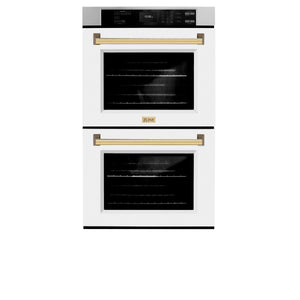 ZLINE - 30 in. Autograph Edition Professional True Convection Double Wall Oven with Air Fry and Self Clean in Stainless Steel with White Matte Doors and Polished Gold Handles