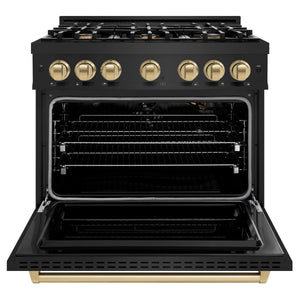 ZLINE - Autograph Edition 36 in. 5.2 cu. ft. Classic Gas Range with 6 Burner Cooktop and Convection Gas Oven in Black Stainless Steel and Champagne Bronze Accents