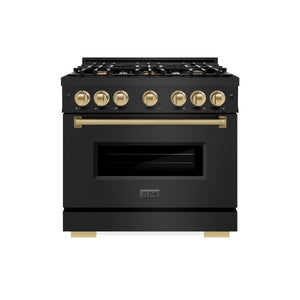 ZLINE - Autograph Edition 36 in. 5.2 cu. ft. Classic Dual Fuel Range with 6 Burner Gas Cooktop and Electric Convection Oven in Black Stainless Steel with Champagne Bronze Accents