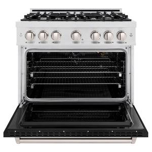 ZLINE - 36 in. 5.2 cu. ft. Classic Gas Range with 6 Burner Cooktop and Convection Gas Oven in Satin Stainless Steel with Black Matte Door