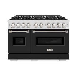 ZLINE - 48 in. 6.7 cu. ft. Classic Double Oven Dual Fuel Range with 8 Burner Gas Cooktop in Satin Stainless Steel with Black Matte Doors