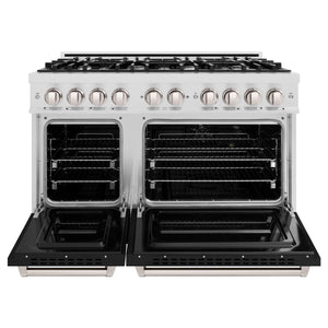 ZLINE - 48 in. 6.7 cu. ft. Classic Double Oven Dual Fuel Range with 8 Burner Gas Cooktop in Satin Stainless Steel with Black Matte Doors