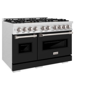 ZLINE - 48 in. 6.7 cu. ft. Classic Double Oven Dual Fuel Range with 8 Burner Gas Cooktop in Satin Stainless Steel with Black Matte Doors