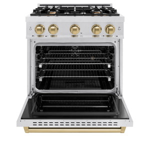 ZLINE - Autograph Edition 30 in. 4.2 cu. ft. Classic Dual Fuel Range with 4 Burner Gas Cooktop and Electric Convection Oven in Satin Stainless Steel with Champagne Bronze Accents