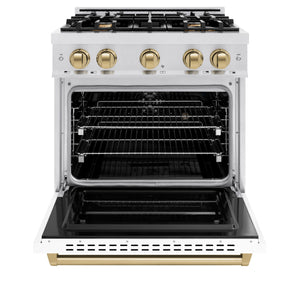 ZLINE - Autograph Edition 30 in. 4.2 cu. ft. Classic Dual Fuel Range with 4 Burner Gas Cooktop and Electric Convection Oven in Satin Stainless Steel with White Matte Door and Champagne Bronze Accents