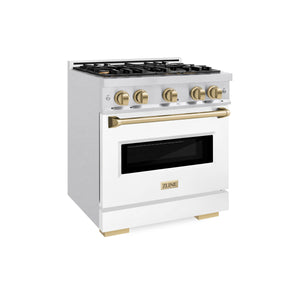 ZLINE - Autograph Edition 30 in. 4.2 cu. ft. Classic Dual Fuel Range with 4 Burner Gas Cooktop and Electric Convection Oven in Satin Stainless Steel with White Matte Door and Champagne Bronze Accents