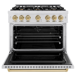 ZLINE - Autograph Edition 36 in. 5.2 cu. ft. Classic Dual Fuel Range with 6 Burner Gas Cooktop and Electric Convection Oven in Satin Stainless Steel with Champagne Bronze Accents