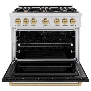 ZLINE - Autograph Edition 36 in. 5.2 cu. ft. Classic Dual Fuel Range with 6 Burner Gas Cooktop and Electric Convection Oven in Satin Stainless Steel with Black Matte Door and Champagne Bronze Accents