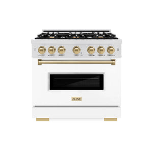 ZLINE - Autograph Edition 36 in. 5.2 cu. ft. Classic Dual Fuel Range with 6 Burner Gas Cooktop and Electric Convection Oven in Satin Stainless Steel with White Matte Door and Champagne Bronze Accents