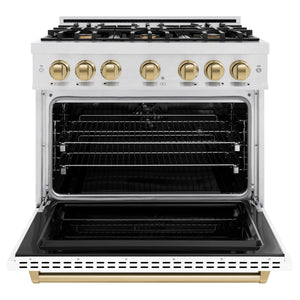 ZLINE - Autograph Edition 36 in. 5.2 cu. ft. Classic Dual Fuel Range with 6 Burner Gas Cooktop and Electric Convection Oven in Satin Stainless Steel with White Matte Door and Champagne Bronze Accents