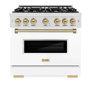 ZLINE - Autograph Edition 36 in. 5.2 cu. ft. Classic Dual Fuel Range with 6 Burner Gas Cooktop and Electric Convection Oven in Satin Stainless Steel with White Matte Door and Champagne Bronze Accents