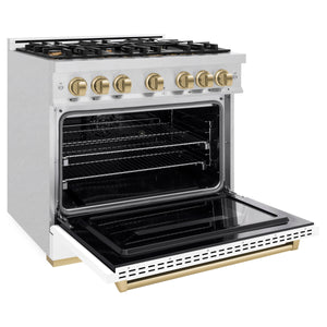 ZLINE - Autograph Edition 36 in. 5.2 cu. ft. Classic Dual Fuel Range with 6 Burner Gas Cooktop and Electric Convection Oven in Satin Stainless Steel with White Matte Door and Champagne Bronze Accents