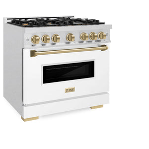 ZLINE - Autograph Edition 36 in. 5.2 cu. ft. Classic Dual Fuel Range with 6 Burner Gas Cooktop and Electric Convection Oven in Satin Stainless Steel with White Matte Door and Champagne Bronze Accents
