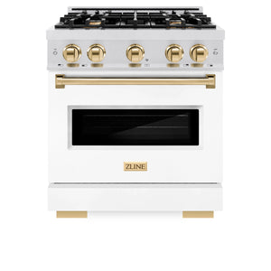ZLINE - Autograph Edition 30 in. 4.2 cu. ft. Classic Dual Fuel Range with 4 Burner Gas Cooktop and Electric Convection Oven in Satin Stainless Steel with White Matte Door and Polished Gold Accents