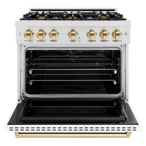 ZLINE - Autograph Edition 36 in. 5.2 cu. ft. Classic Dual Fuel Range with 6 Burner Gas Cooktop and Electric Convection Oven in Satin Stainless Steel with White Matte Door and Polished Gold Accents