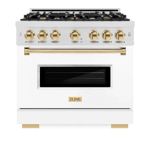 ZLINE - Autograph Edition 36 in. 5.2 cu. ft. Classic Dual Fuel Range with 6 Burner Gas Cooktop and Electric Convection Oven in Satin Stainless Steel with White Matte Door and Polished Gold Accents