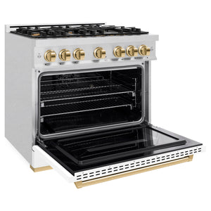 ZLINE - Autograph Edition 36 in. 5.2 cu. ft. Classic Dual Fuel Range with 6 Burner Gas Cooktop and Electric Convection Oven in Satin Stainless Steel with White Matte Door and Polished Gold Accents