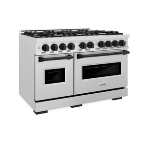 ZLINE - Autograph Edition 48 in. 6.7 cu. ft. Classic Double Oven Dual Fuel Range with 8 Burner Gas Cooktop in Satin Stainless Steel and Matte Black Accents