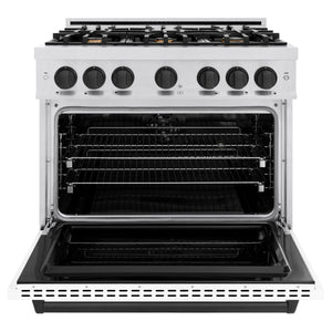 ZLINE - Autograph Edition 36 in. 5.2 cu. ft. Classic Dual Fuel Range with 6 Burner Gas Cooktop and Electric Convection Oven in Satin Stainless Steel with White Matte Door and Matte Black Accents
