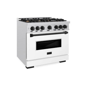 ZLINE - Autograph Edition 36 in. 5.2 cu. ft. Classic Dual Fuel Range with 6 Burner Gas Cooktop and Electric Convection Oven in Satin Stainless Steel with White Matte Door and Matte Black Accents