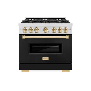 ZLINE - Autograph Edition 36 in. 5.2 cu. ft. Classic Dual Fuel Range with 6 Burner Gas Cooktop and Electric Convection Oven in Satin Stainless Steel with Black Matte Door and Polished Gold Accents