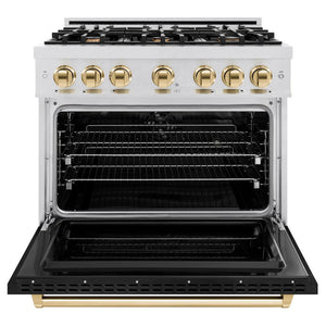 ZLINE - Autograph Edition 36 in. 5.2 cu. ft. Classic Dual Fuel Range with 6 Burner Gas Cooktop and Electric Convection Oven in Satin Stainless Steel with Black Matte Door and Polished Gold Accents