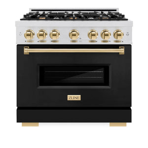 ZLINE - Autograph Edition 36 in. 5.2 cu. ft. Classic Dual Fuel Range with 6 Burner Gas Cooktop and Electric Convection Oven in Satin Stainless Steel with Black Matte Door and Polished Gold Accents