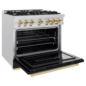 ZLINE - Autograph Edition 36 in. 5.2 cu. ft. Classic Dual Fuel Range with 6 Burner Gas Cooktop and Electric Convection Oven in Satin Stainless Steel with Black Matte Door and Polished Gold Accents