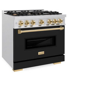 ZLINE - Autograph Edition 36 in. 5.2 cu. ft. Classic Dual Fuel Range with 6 Burner Gas Cooktop and Electric Convection Oven in Satin Stainless Steel with Black Matte Door and Polished Gold Accents